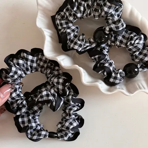 Elastico per Capelli in Tessuto a Quadretti Vintage Francese Pieghe Elegante Fermacapelli Bianco e Nero con Perla per Donna