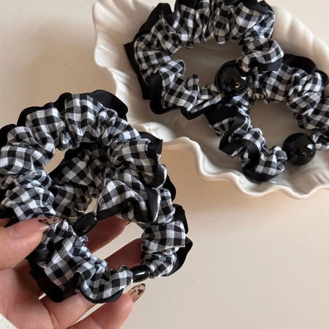 Elastico per Capelli in Tessuto a Quadretti Vintage Francese Pieghe Elegante Fermacapelli Bianco e Nero con Perla per Donna