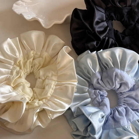 Coletero Grande Plisado con Volantes Estilo Francés para Mujer Doble Capa Tela Satén Lazo para Pelo Accesorios Elegantes