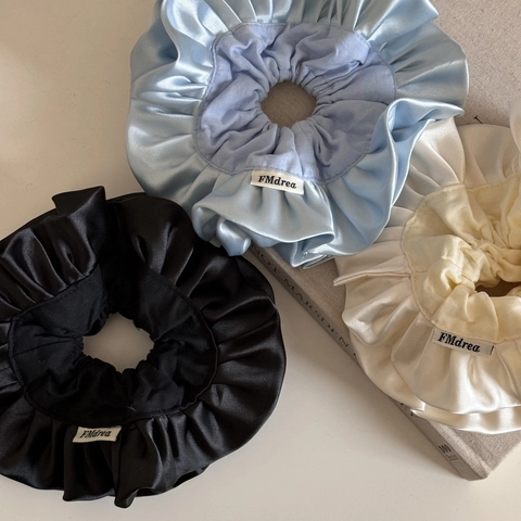 Coletero Grande Plisado con Volantes Estilo Francés para Mujer Doble Capa Tela Satén Lazo para Pelo Accesorios Elegantes