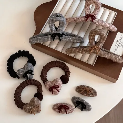 Vintage Kariert Tweed Schleife Haarklammer Für Damen Elegant Herbst Winter Haarkralle Herz Anhänger Haargummi Entenschnabel Clip Haarschmuck