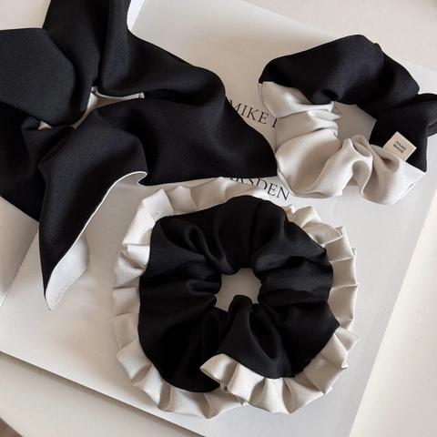 Chouchou en Tissu Bloc de Couleur Noir et Blanc Vintage Français Bord Plissé Fait à la Main Attache-cheveux Style Ballet Accessoires Cheveux Femme