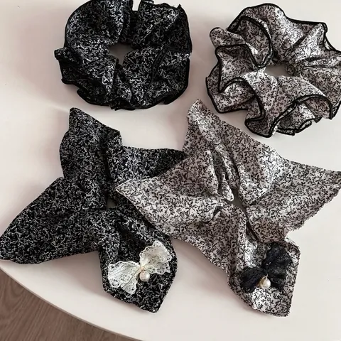 Elastici per Capelli Vintage Francese in Tessuto con Stampa Floreale Elegante Fiocco in Pizzo Perla Artificiale per Donna Gioielli