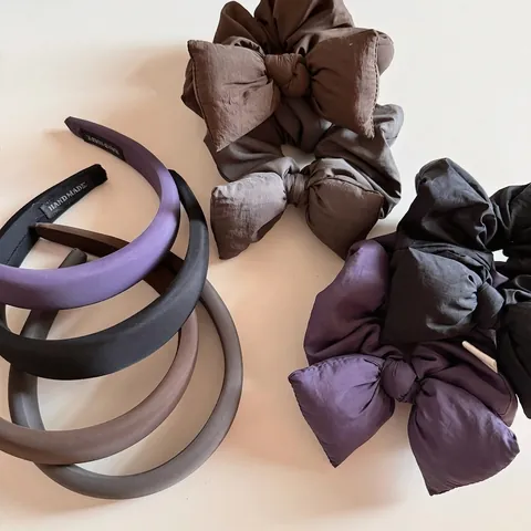 Solid Color Satin Padded Headband And Large Bow Knot Scrunchie For Women Elegant Pleated Fabric Hair Ties Hair Accessories