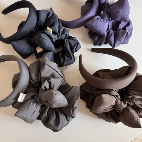 Solid Color Satin Padded Headband And Large Bow Knot Scrunchie For Women Elegant Pleated Fabric Hair Ties Hair Accessories