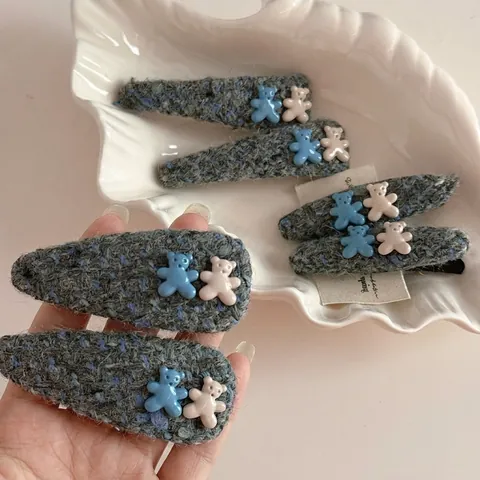 Korean Style Cute Bear Cloth Art Hair Clip Sweet Tweed Fabric Resin Bear Bang Clip For Girls Kids Daily Hair Accessories