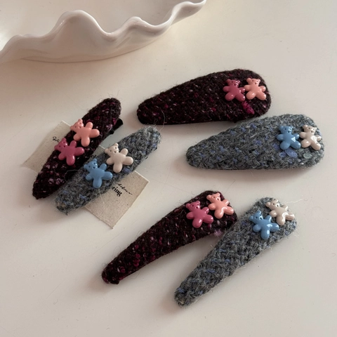 Korean Style Cute Bear Cloth Art Hair Clip Sweet Tweed Fabric Resin Bear Bang Clip For Girls Kids Daily Hair Accessories