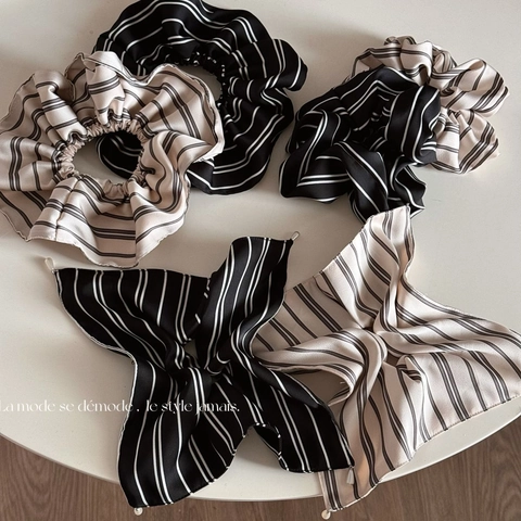 French Retro Striped Scrunchie With Artificial Pearl Pendant Satin Hair Tie Oversized Elastic Hair Band Bow Hair Accessory For Women