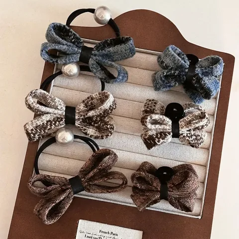 Fermaglio per Capelli con Fiocco in Tweed Vintage Elastico con Künstliche Perle Elegante Accessori per Capelli a Farfalla Plaid per Donna