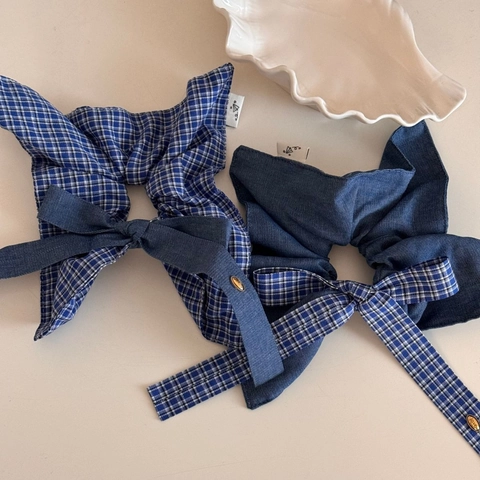 Retro Blue Plaid Denim Bow Scrunchies For Women High End Sense Large Intestine Hair Ring Fashion Hair Accessories Hair Rope
