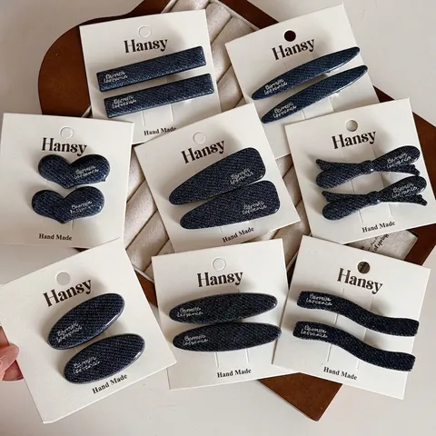 Pinzas para el Cabello Vintage de Mezclilla Azul Oscuro Envueltas en Tela Hecho a Mano Letra Corazón Lazo Accesorios para el Pelo