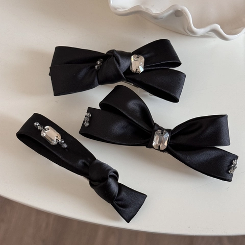 Fermaglio per Capelli in Raso Nero con Fiocco e Strass Stile Francese Molla per Donna Accessori Eleganti per lo Styling