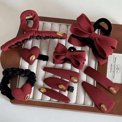 Vintage Koreanischer Stil Weinrot Stoff Haarspangen Mit Gold Korea Etikett Schleife Herz Haarklammern Für Damen Haarschmuck