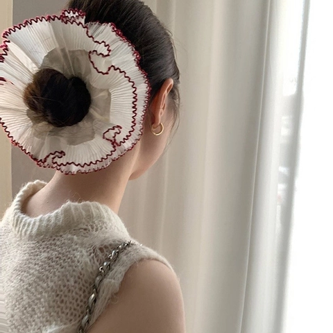 Elastico per Capelli XL Bianco Plissettato Con Bordo Ondulato Rosso Elegante Chouchou in Tessuto per Donna e Ragazza