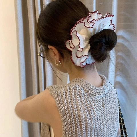 Elastico per Capelli XL Bianco Plissettato Con Bordo Ondulato Rosso Elegante Chouchou in Tessuto per Donna e Ragazza