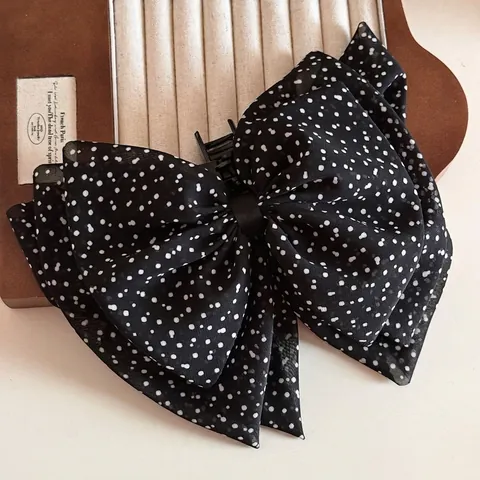 Korean Style Large Polka Dot Chiffon Bow Hair Claw Clip Retro Oversized Fabric Hairclip For Women Back Head Updo Accessory