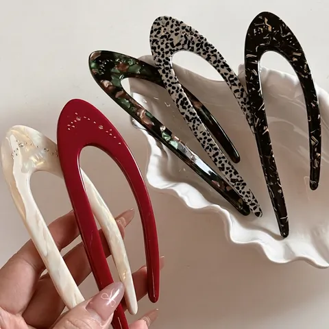 Französisches Acetat Minimalistische U-Form Haargabel Mit Strass Elegante Marmorierte Haarnadel Für Damen Updo Styling Tool
