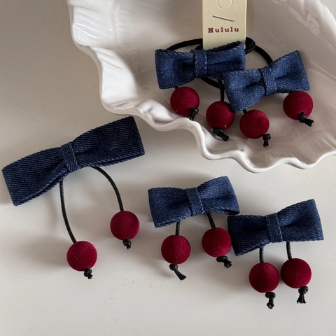 Barrette À Cheveux Noeud Cerise En Denim Bleu Mignon Pour Filles Chouchous En Peluche Style Coréen Accessoires Cheveux Rétro