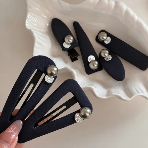 Elegante Pinza per Capelli in Tessuto Blu Marino Con Decorazione in Lega di Perle Artificiali Stile Coreano per Donna