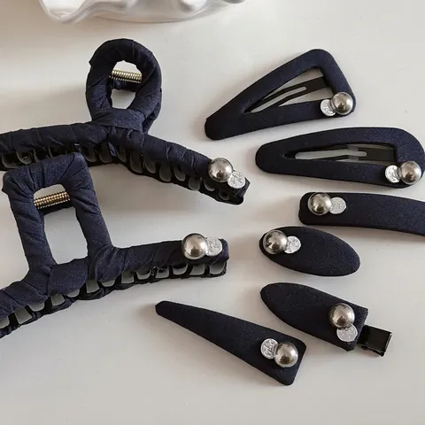 Elegante Pinza per Capelli in Tessuto Blu Marino Con Decorazione in Lega di Perle Artificiali Stile Coreano per Donna