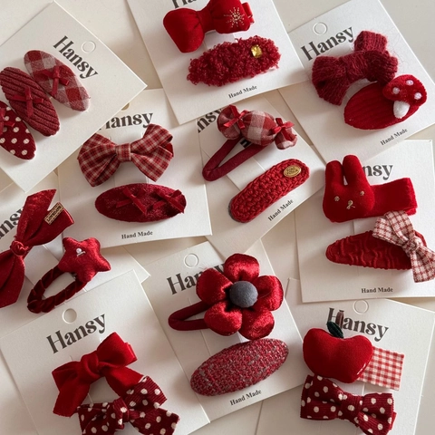 Red New Year Holiday Hair Clips Cute Bowknot Plaid Polka Dot Duckbill Clip Flower Rabbit Apple Mushroom Hair Accessories