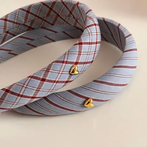 Cerchietto in Stile Coreano Blu a Quadri e Strisce Con Cuore Dorato per Donna Cerchietto per Capelli in Tessuto Vintage Fatto a Mano