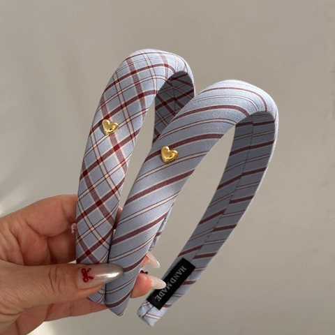 Cerchietto in Stile Coreano Blu a Quadri e Strisce Con Cuore Dorato per Donna Cerchietto per Capelli in Tessuto Vintage Fatto a Mano