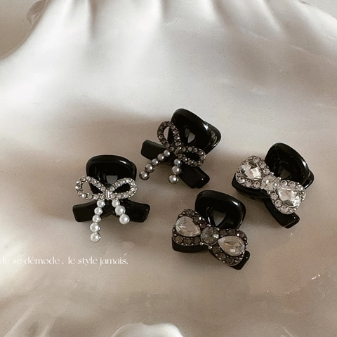 Mini Pinza de Lazo para el Cabello para Mujer Vintage Francés Negro Acrílico Pequeño Diamante de Imitación Perla Artificial Clip para Flequillo