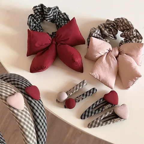 Juego de Coleteros de Tela a Cuadros Vintage Lazo Dulce Gomas para el Pelo Encaje Corazón Diadema Pinzas para el Pelo Mujer