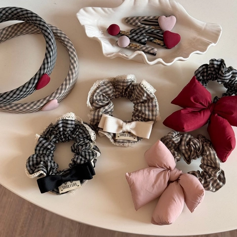 Juego de Coleteros de Tela a Cuadros Vintage Lazo Dulce Gomas para el Pelo Encaje Corazón Diadema Pinzas para el Pelo Mujer