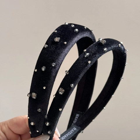 Vintage Black Velvet Padded Headband With Rhinestones Handmade Luxury Hair Hoop Fashion Hair Accessories For Women