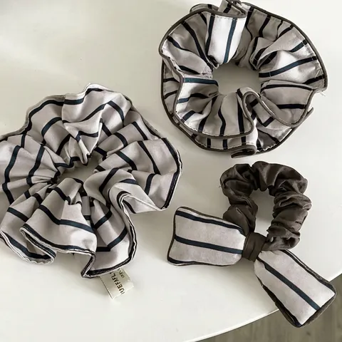 Vintage Stripe Floral Fabric Scrunchies For Women Large Hair Tie With Bow Edging Double Layer Elastic Hair Bands Accessory
