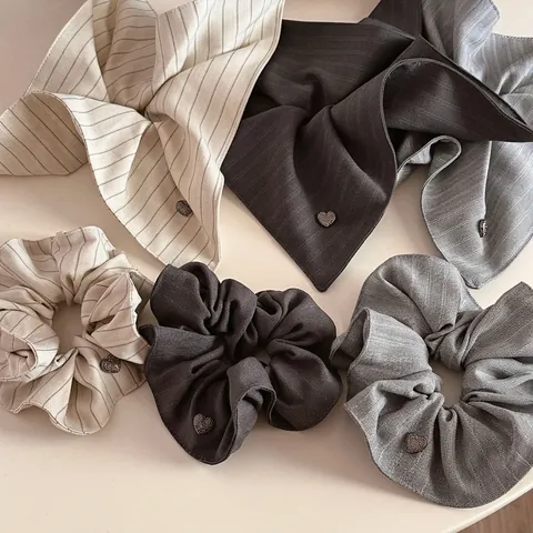Large Korean Stripe Hair Scrunchie And Square Scarf With Metal Heart Charm Elegant Hair Accessories For Women Daily Casual