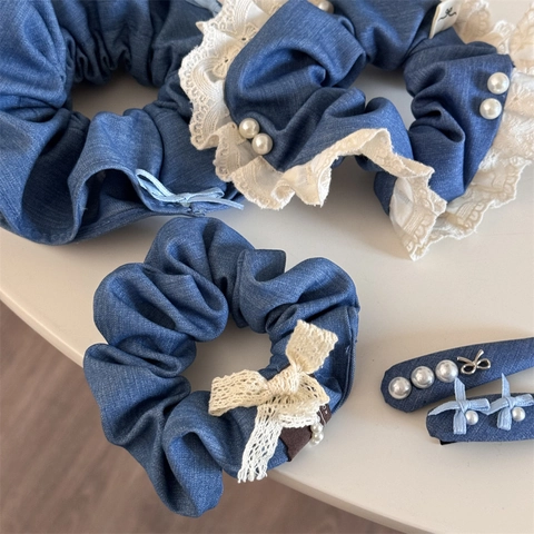 Elastico per Capelli con Fiocco in Tessuto Denim Vintage Dolce Pizzo Perla Artificiale Cerchietto Stile Coreano Blu Denim Fermaglio per Capelli Donna