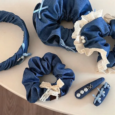 Elastico per Capelli con Fiocco in Tessuto Denim Vintage Dolce Pizzo Perla Artificiale Cerchietto Stile Coreano Blu Denim Fermaglio per Capelli Donna