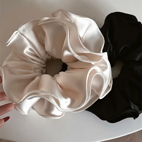 Elegant Large Satin Ruffle Scrunchie Hair Tie With Wood Ear Edge Elastic Solid Color Hair Accessories For Women Girls