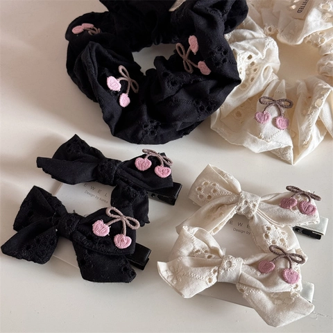 Scrunchie con Ricamo a Ciliegia in Stile Coreano Mollette per Capelli con Fiocco in Pizzo Floreale Intagliato Cerchietto Accessori Donna