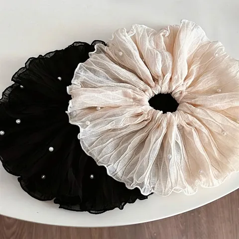 Scrunchie in Rete Plissettata Oversize Stile Coreano Decorazione con Perle Artificiali Elastico per Capelli Donna Accessori Capelli