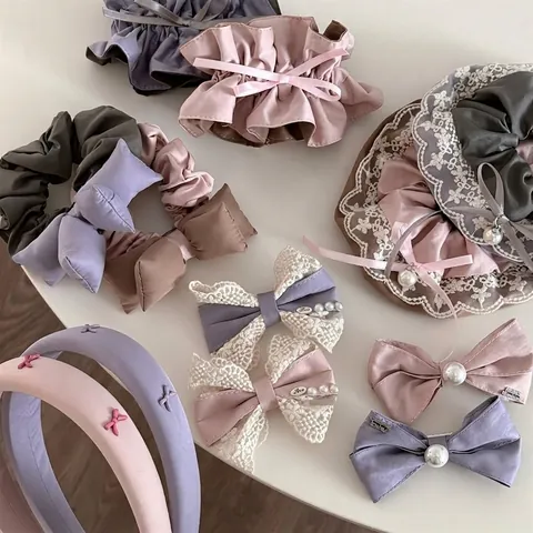 Dreamy Purple Pink Lace Bow Hair Accessory Set Morandi Sweet Pleated Scrunchie Artificial Pearl Hair Clip Padded Headband
