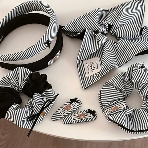 Accessoires Cheveux Style Coréen Rayé Noir et Blanc Nœud Étiquette Ours Chouchou Serre-tête Barrette Mode Décorative