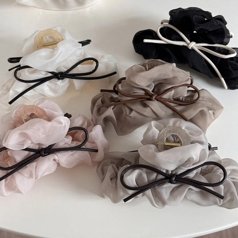 Korean Style Large Pleated Organza Hair Claw Clip For Women Elegant Gauze Bow Knot Shark Hair Clip Solid Color Hair Accessories