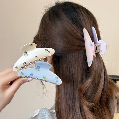 Pinza per Capelli a Squalo in Acrilico Floreale Grande Elegante Stile Coreano Stampa Fiori Freschi Donna Gioielli