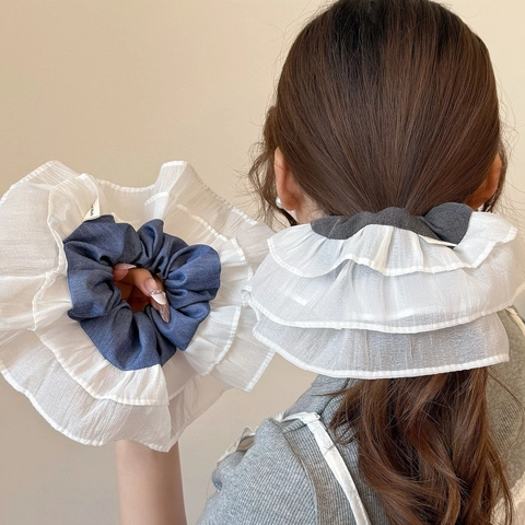 Summer Sweet Large Multi-Layer Pleated Lace Mesh Scrunchies Contrast Color Hair Ties For Women Ponytail Hair Accessories