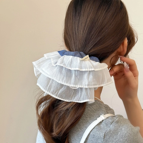Summer Sweet Large Multi-Layer Pleated Lace Mesh Scrunchies Contrast Color Hair Ties For Women Ponytail Hair Accessories