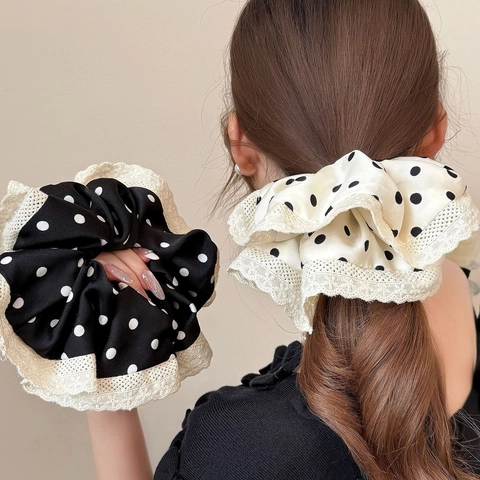 Frans Elegant Polka Dot Kant Scrunchie Vrouwen Grote Satijn Textuur Haarelastiekje Retro Geplooid Haar Touw Dagelijks Accessoire