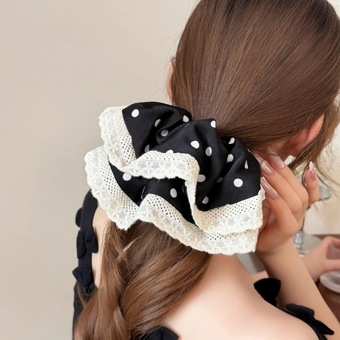 Frans Elegant Polka Dot Kant Scrunchie Vrouwen Grote Satijn Textuur Haarelastiekje Retro Geplooid Haar Touw Dagelijks Accessoire