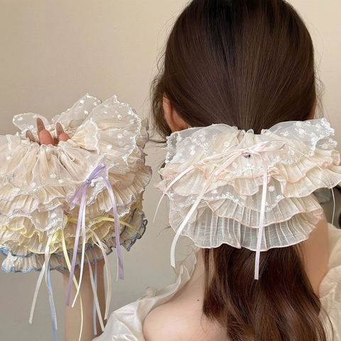 Chouchou Large en Maille de Dentelle à Pois avec Nœud en Ruban Doux Attache Cheveux Esthétique Plissé pour Femmes