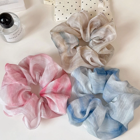 Chouchous Larges en Maille d'Été Ombré Teinture Elastiques à Cheveux pour Femmes Style Décontracté Élégant Porte-Queue de Cheval Accessoires Cheveux
