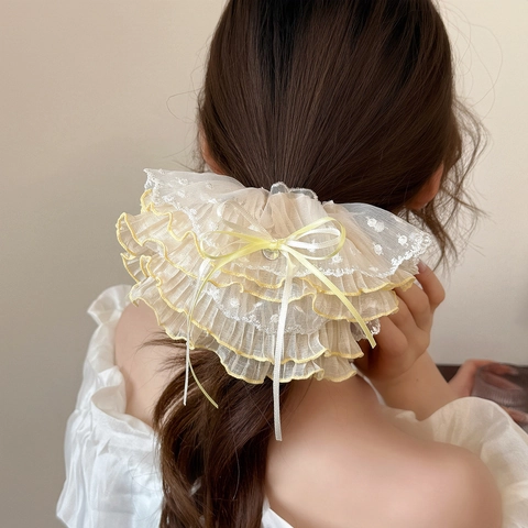 Chouchou Large en Maille de Dentelle à Pois avec Nœud en Ruban Doux Attache Cheveux Esthétique Plissé pour Femmes