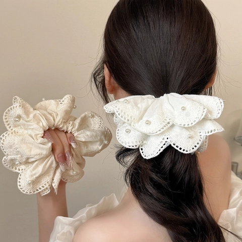 Große Spitze Haargummis Für Damen Mit Künstlichen Perlen Handgefertigte Doppelschichtige Haargummis Süße Haarbänder Elegante Pferdeschwanz Halter Haarschmuck